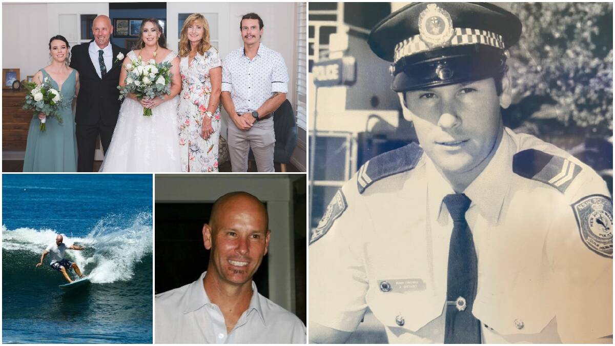 Jason Bryant with his wife Deborah and children Taylor, Danielle and Joshua (top left), Jason surfing (bottom left) and Jason in the NSW Police (right). 