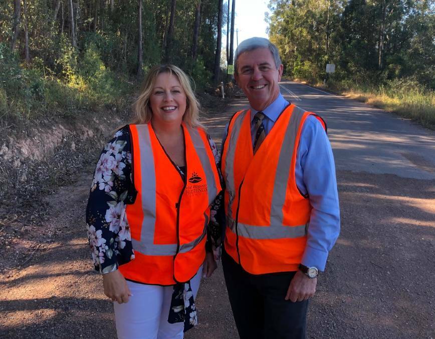 Port Macquarie-Hastings Council Mayor Pinson and Federal Member for Lyne Dr David Gillespie when Federal funding of $5 million was announced for the Lorne Road upgrade in 2019. Photo: supplied.