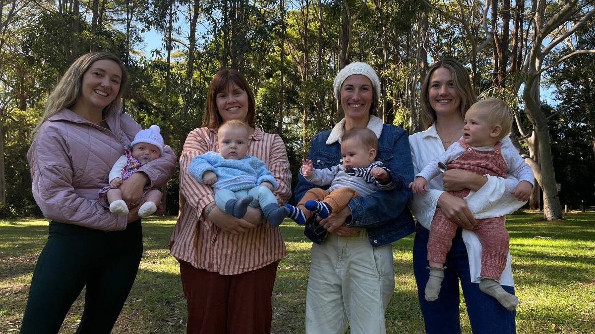 Port Macquarie mums Danielle Edwards with Goldie (five-weeks-old), Sigourney Hurrell (four-months-old), Emma Schwartzkoff with Charlie (six-months-old) and Alice Edwards with Lennox (10-months-old). Picture by Liz Langdale 
