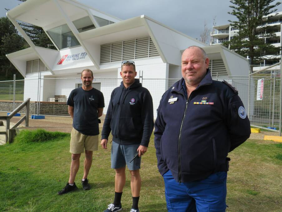 Ready to move in: Chris Harris (Salty Crew Kiosk), James Turnham (Port Macquarie ALS) and Greg Davies (Marine Rescue Port Macquarie). 