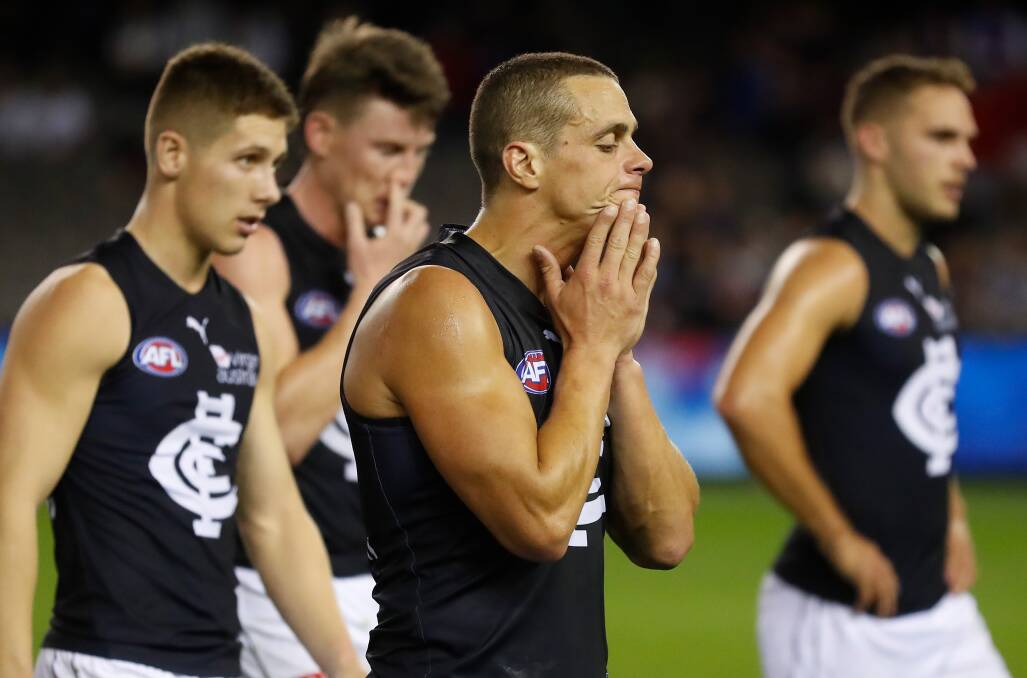 Carlton's Ed Curnow reacts after Sunday's loss to the Dogs. Photo: Michael Willson/AFL Photos via Getty Images