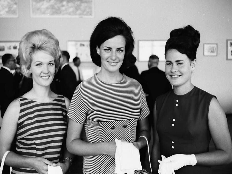 Sonya Huxley (Miss Australia), Margaret Rohan and Robyn Stewart at the Spastic Centre Council, Port Macquarie Branch welcome lunch, 1967.