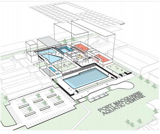 Community consultation: A perspective view of the Port Macquarie aquatic facility preferred option. Image: Port Macquarie-Hastings Council