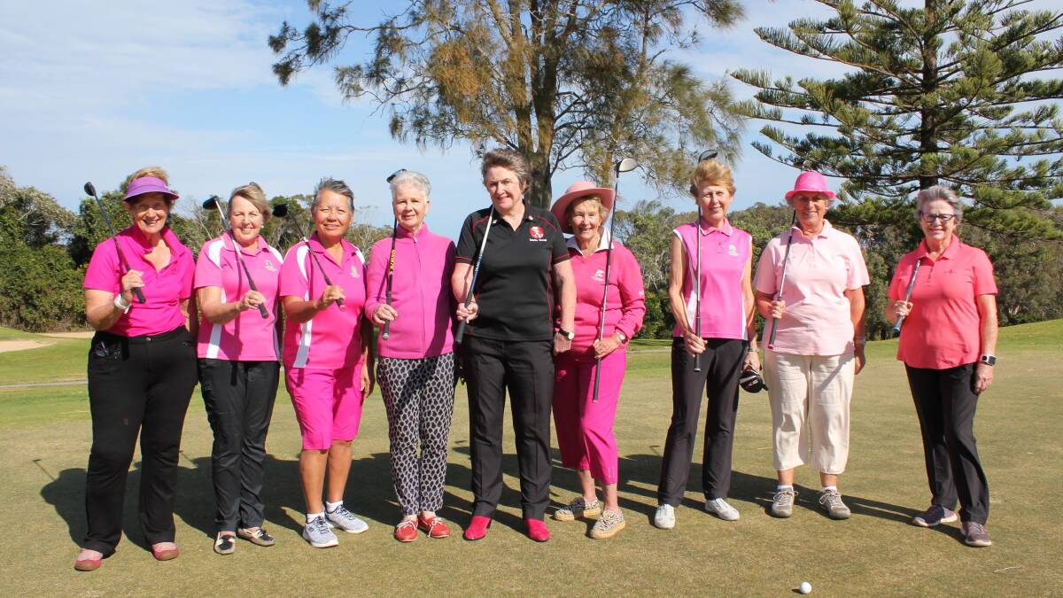 Josie Mockford, Lyn Sentance, Patsy Choo, Elizabeth Fraser, Sponsor Fran Scutts, Margaret Swan, Di Andrews, Sue Warner and President Wendy Gordon are getting ready to tee off in the club’s annual Pink Day in support of local breast cancer patients.