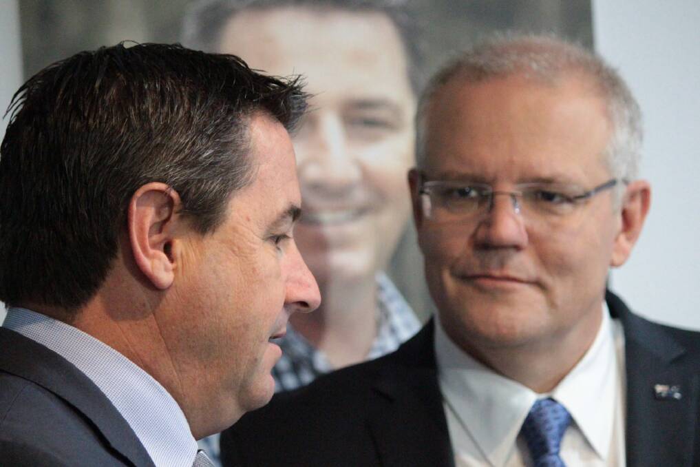 It will be close: Nationals candidate for Cowper Patrick Conaghan and Prime Minister Scott Morrison. Photo: Tracey Fairhurst.