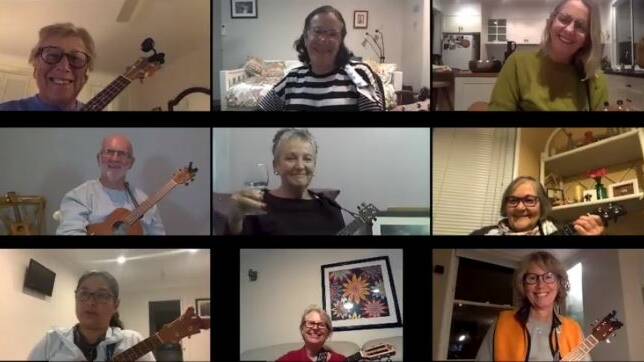 The Orchestra of Ukuleles Confined at Home strummers complete their first online ensemble.