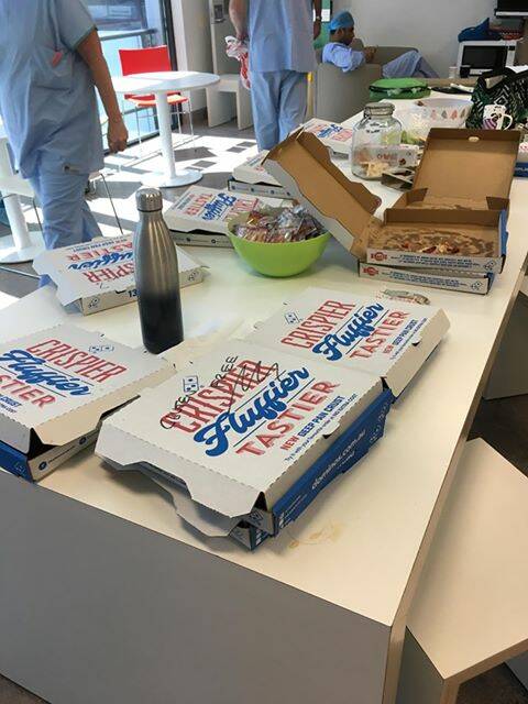 Port Macquarie Base Hospital staff were over the moon when a special pizza delivery arrived at their door.