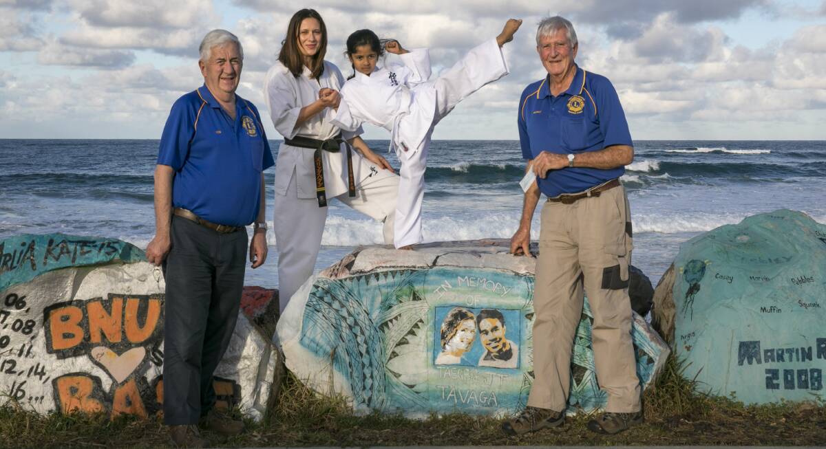 Helping hand: Tacking Point Lions Club members Bob Forster and Duncan Wyndham with Akshara Sanaw and Sensei Melinda Baksi. Photo: Contented Life Photography.