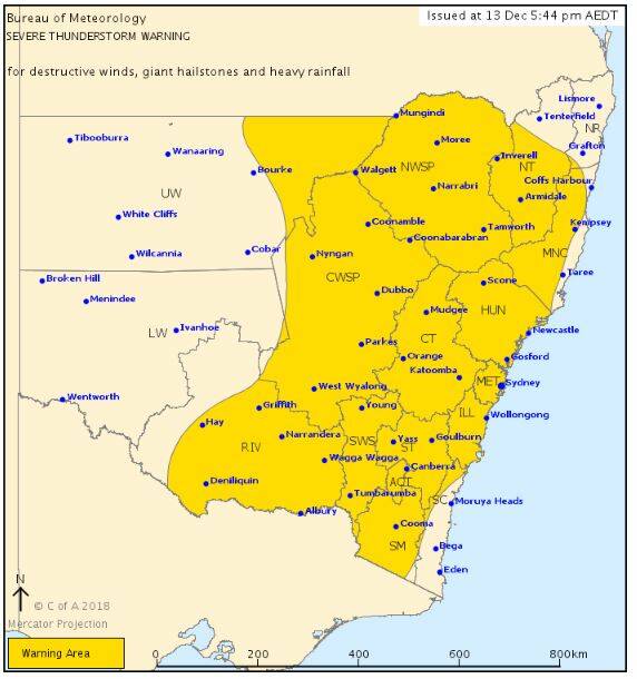 The severe storm warning issued for the eastern half on New South Wales by the Bureau of Meteorology on Thursday afternoon.