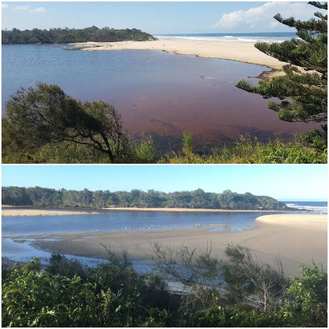 Before and after: Lake Cathie one week after it was opened to the sea.