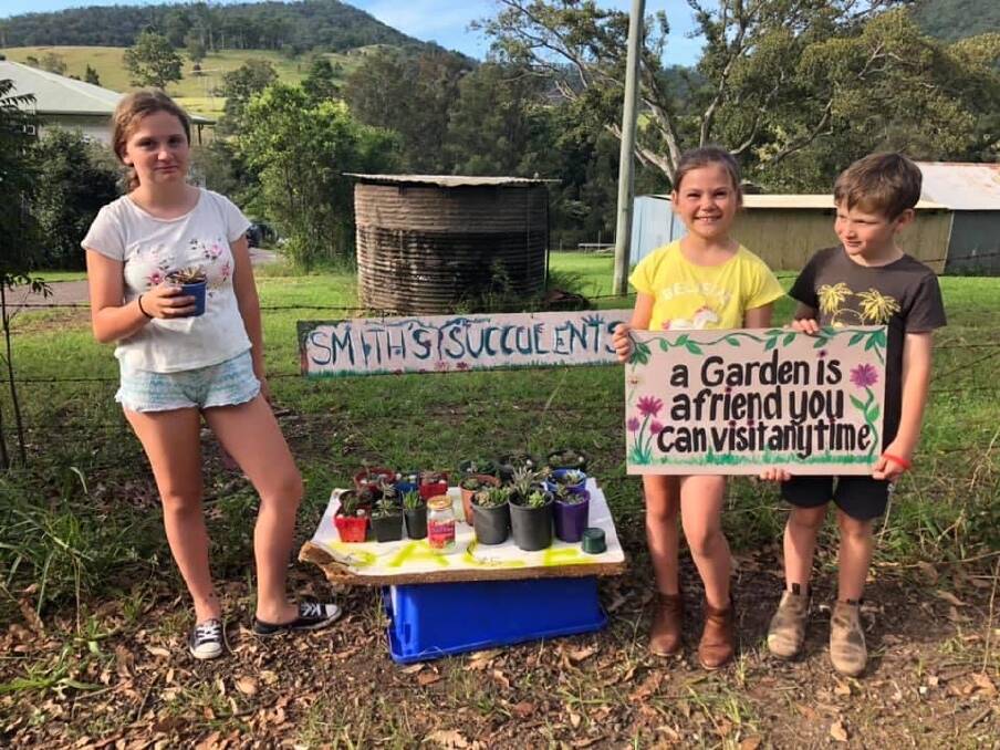 Sophie, Zara and Curtis Smith with their roadside succulent business at Pappinbarra.