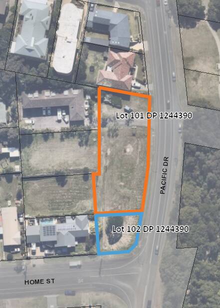 Lot 101 DP 1244390 (in red) is the 1600 sq m parcel of land fronting 10-16 Pacific Drive. This is the subject site of the sale to Pacific Drive Pty Ltd.
