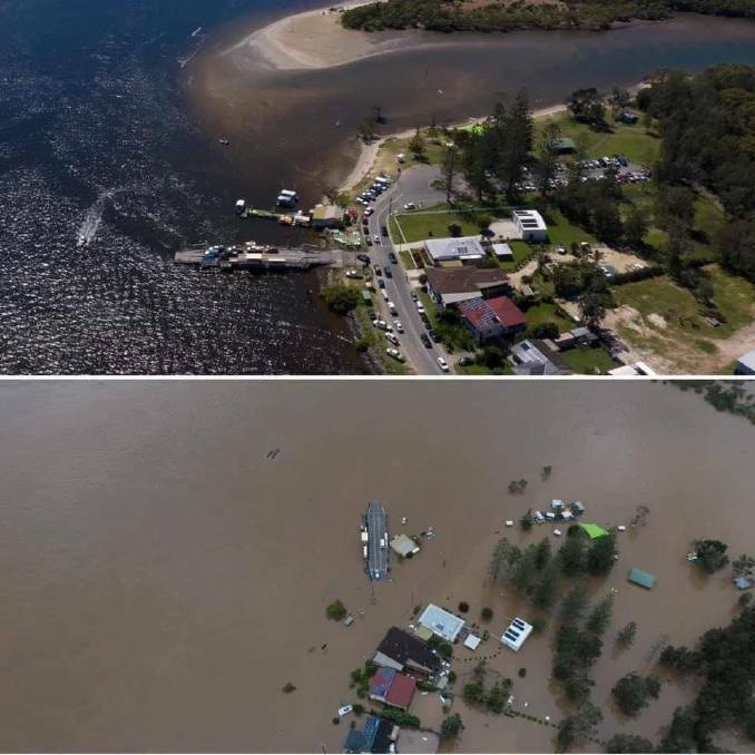 Settlement Point, Port Macquarie before and during the floods in March. Photo: Will Eades Photography.