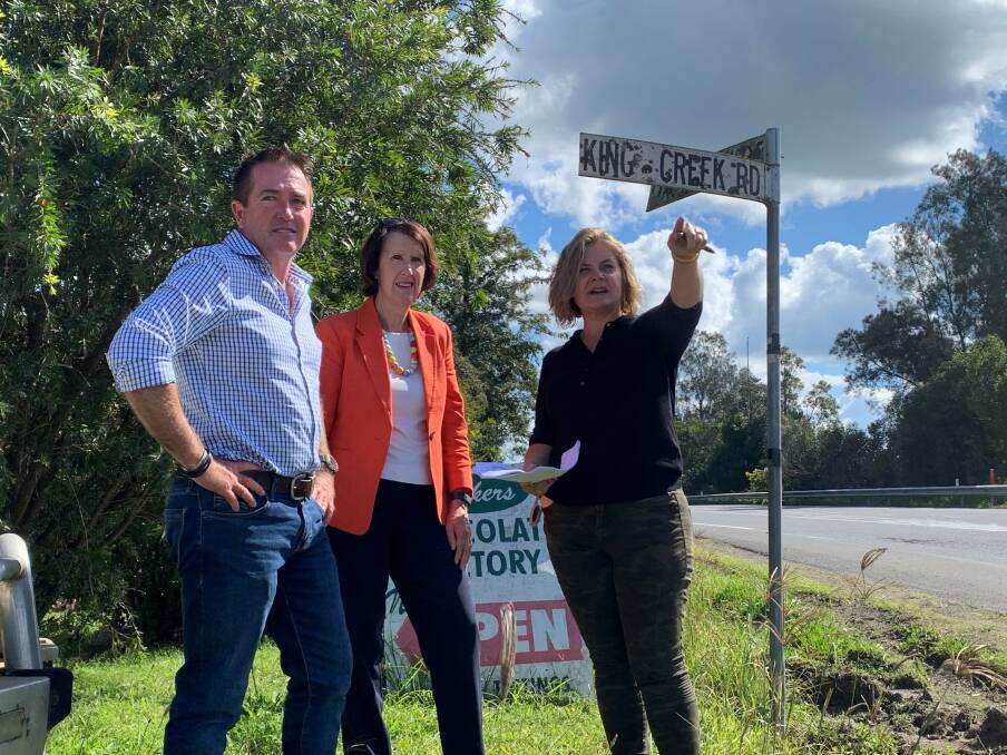 Safety funding: NSW Minister for Regional Transport and Roads Paul Toole, Member for Port Macquarie Leslie Williams and Anna Zycki from Transport for NSW at the King Creek Road intersection.