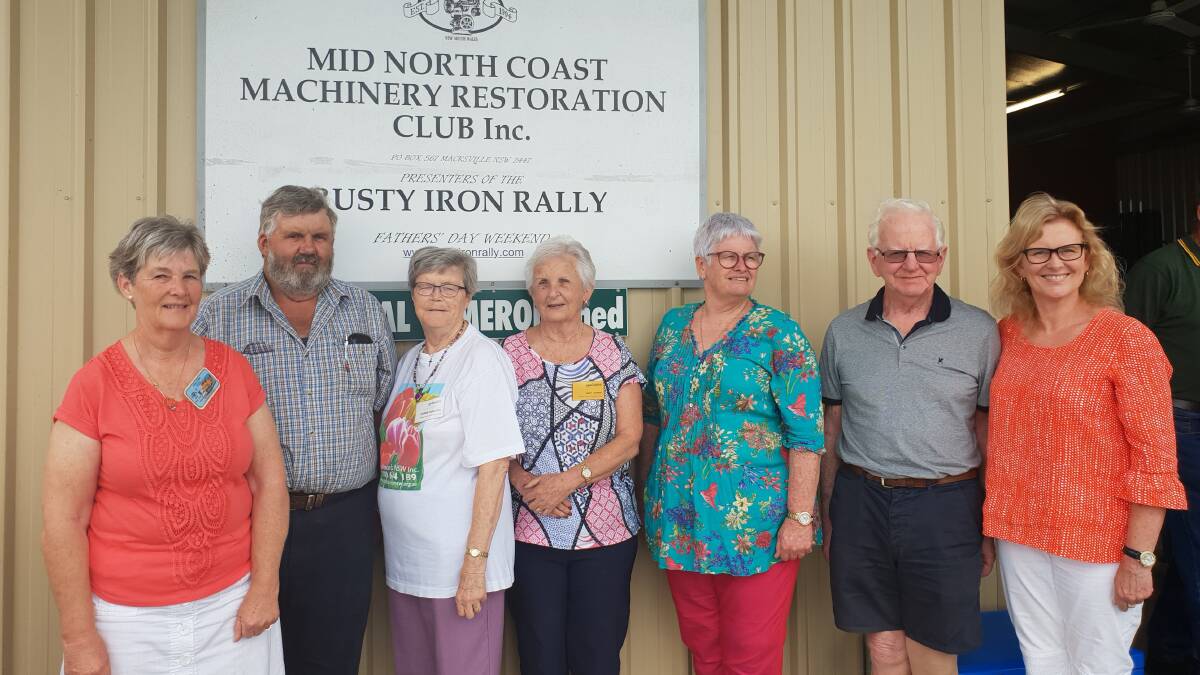 Mid North Coast Machinery Restoration Club secretary Anne Pade, President John South, Robbie Handcock, Judy Cooke of the Parkinson’s Support Group, machinery club Treasurer Jenny O’Donnell and member Ian Steele and Mid North Coast Cancer Institute’s Jenny Baroutis following the club’s recent presentation ceremony.
