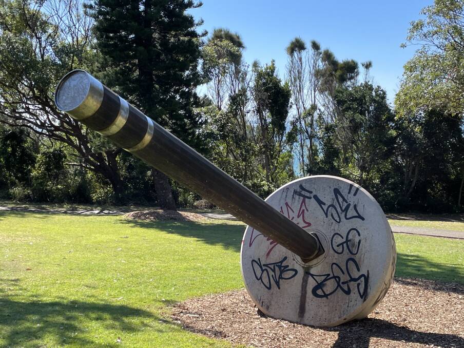 The latest array of unintelligent tagging has left a trail along Port Macquarie's popular Coastal Walk and defaced some of the region's popular public art installations including Rick Reynolds' installation at Windmill Hill. Photo: Tracey Fairhurst.