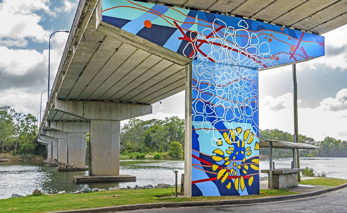 Marine Intersection - Bridge Pylons mural, sculpture installation, Wauchope Riverwalk Sculpture Trail by Manning Daly Art.