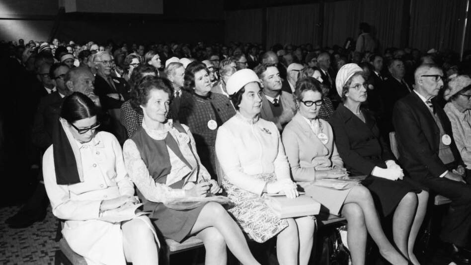 Delegates at the Country Partys State Conference, third from left is Mrs Cutler, wife of Charles Cutler, State Leader of the Party, 1971