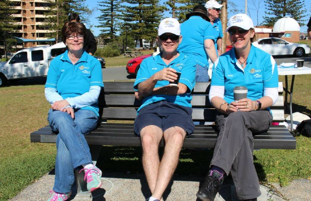 The Rotary Club of Port Macquarie Sunrise working bee participants Lyn McNeil, past president Peter Vane and current president, Trish Affleck-Mooney enjoying the view from a Stewart Street seat.