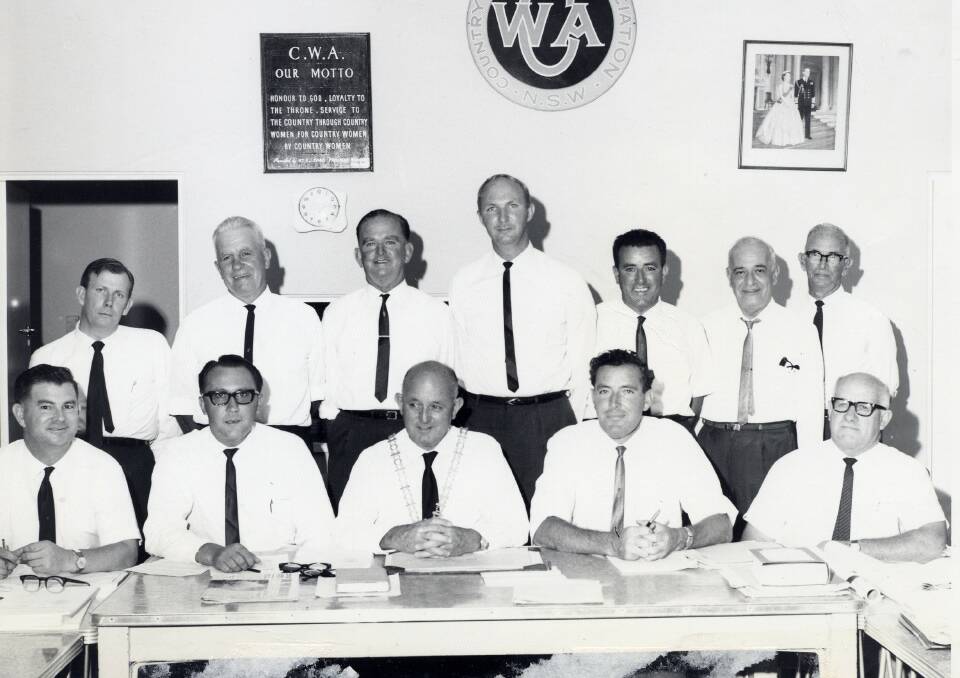 Port Macquarie Municipal Council Aldermen and Administrative Staff, 1968 – Back row L to R - Aldermen- C.Thurling, D.S. Kennedy, C Huxley, W.R. Brien, N.F. Matesich, P Hatsatouris, G. H. Warlters: Front row - L to R - Mr W.G. Alcock (Town Clerk), Alderman C.M. Gott (Deputy Mayor), Alderman C.C. Adams (Mayor), E.F. Grogan (Engineer), W.B. De La Rue (Municipal Health Surveyor)