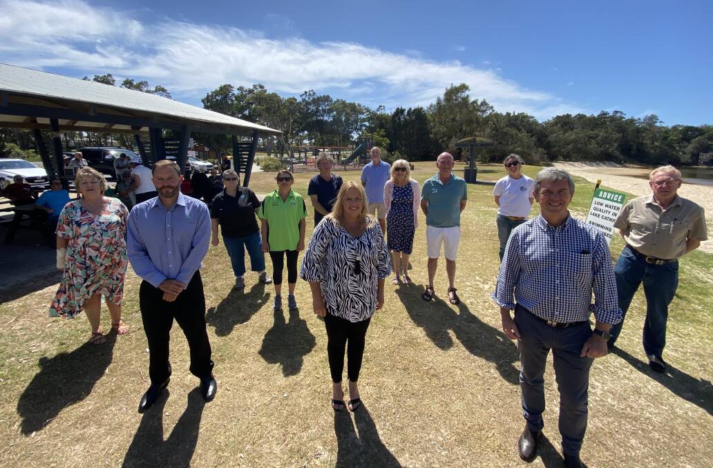 Investment: Mayor Peta Pinson and Member for Lyne Dr David Gillespie at the Lake Cathie foreshore reserve with key community stakeholders.