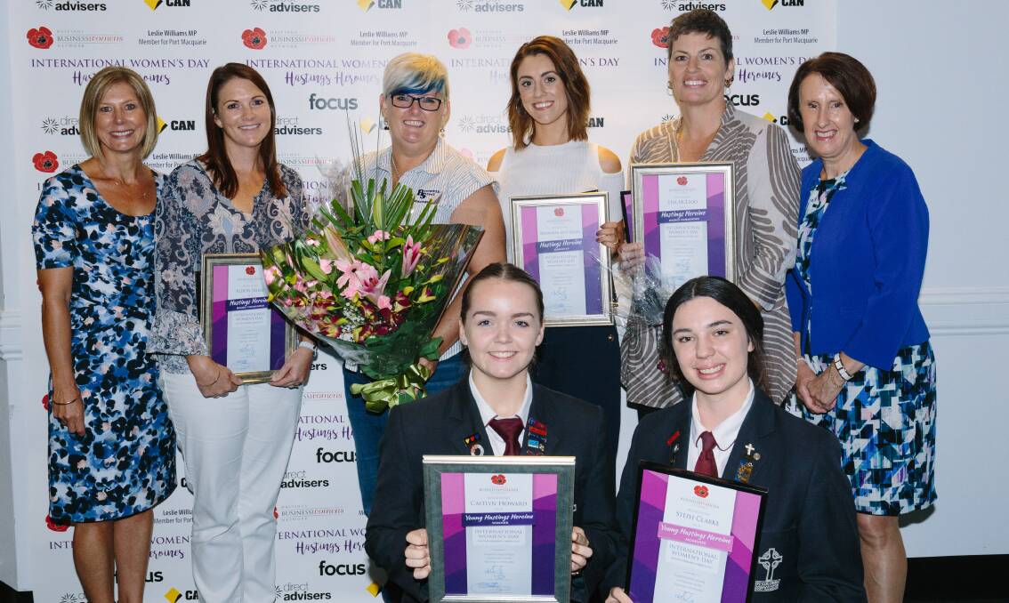 Recipients of the 2017 Hastings Heroine Awards - Tanya Simmons, Lisa McLeod, Alison Neale, Rihannon Mathieson, Caitlyn Howard and Stephanie Clarke with HBWN president Kelly King and Leslie Williams MP.