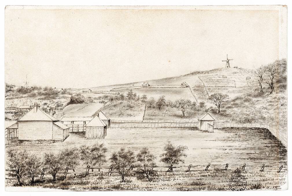 An 1862 drawing by Robert Perrott, looking from the Ackroyd Street area over the cemetery and towards the coast.  In the distance is the Windmill on Windmill Hill, and an unmade Burrawan Street.  This is one of the images expected to appear in the exhibition in 2019.