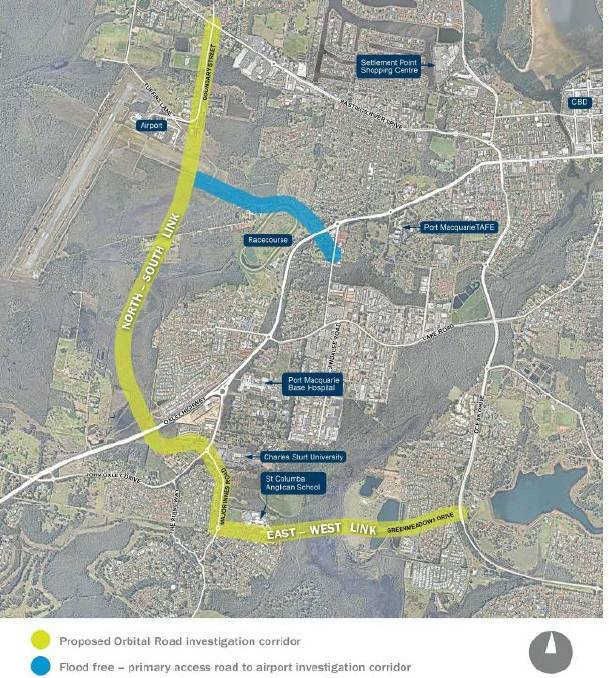 Proposed orbital road investigation corridor. The "blue line" is the proposed airport access link option of which Fernhill Road was included.
