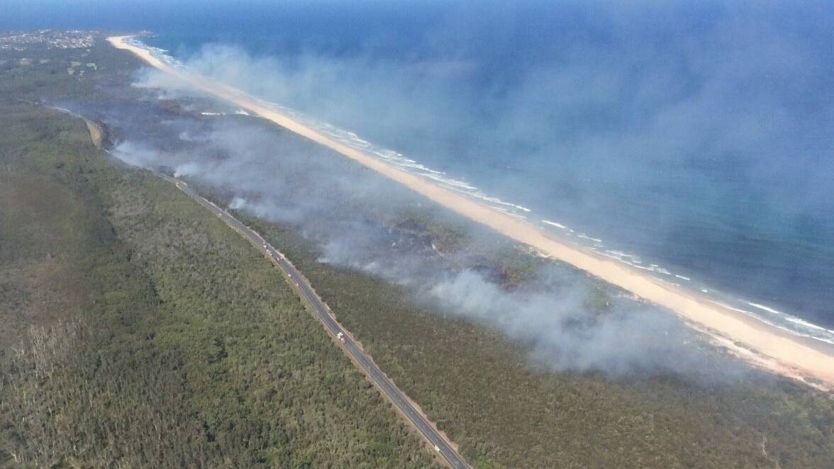 The extent of the fire between Port Macquarie and Lake Cathie. Photo: Mid Coast RFS.