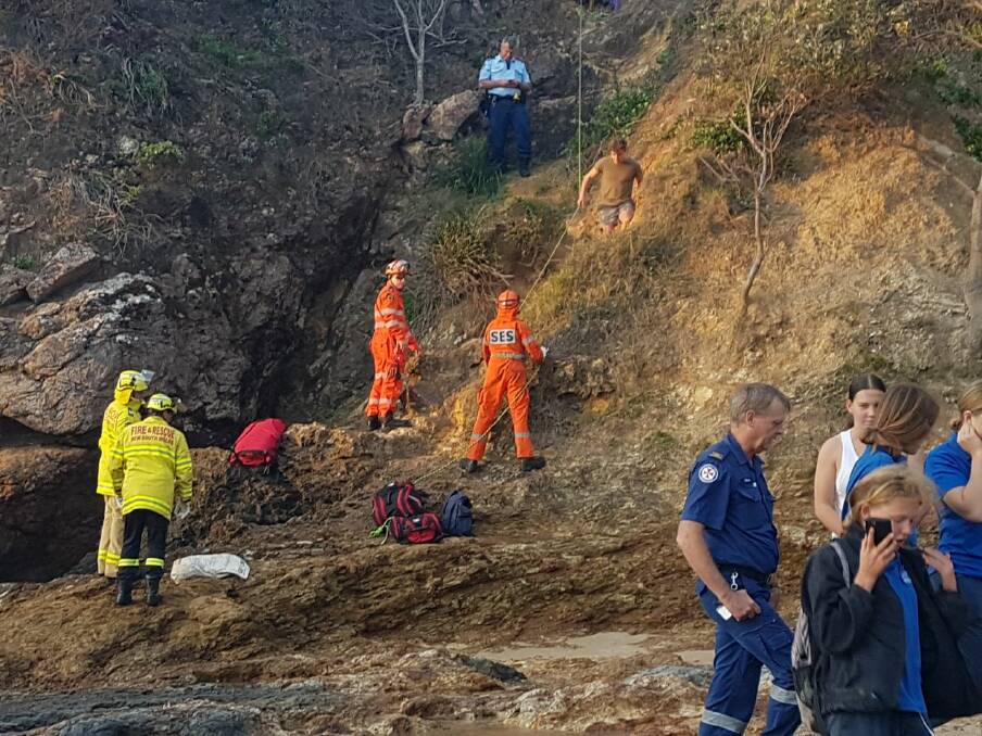 Emergency services at Nobbys Beach, Port Macquarie. Photo: Rob Dougherty.