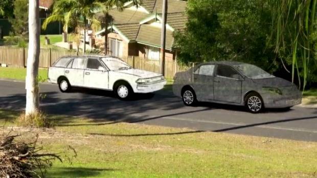An artist's impression of two cars seen in Benaroon Drive in Kendall on the morning William Tyrrell disappeared. Photo: 60 Minutes.