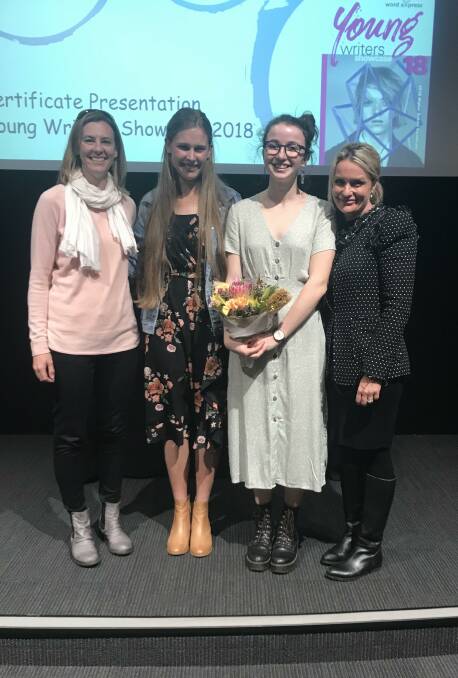 Achievement: MacKillop College Leader of English Clare Hayes, MacKillop College student Hannah Cutmore, St Columba Anglican School student Sequoia O'Brien and St Columba Anglican School Director of Humanities Elissa Strahley.
