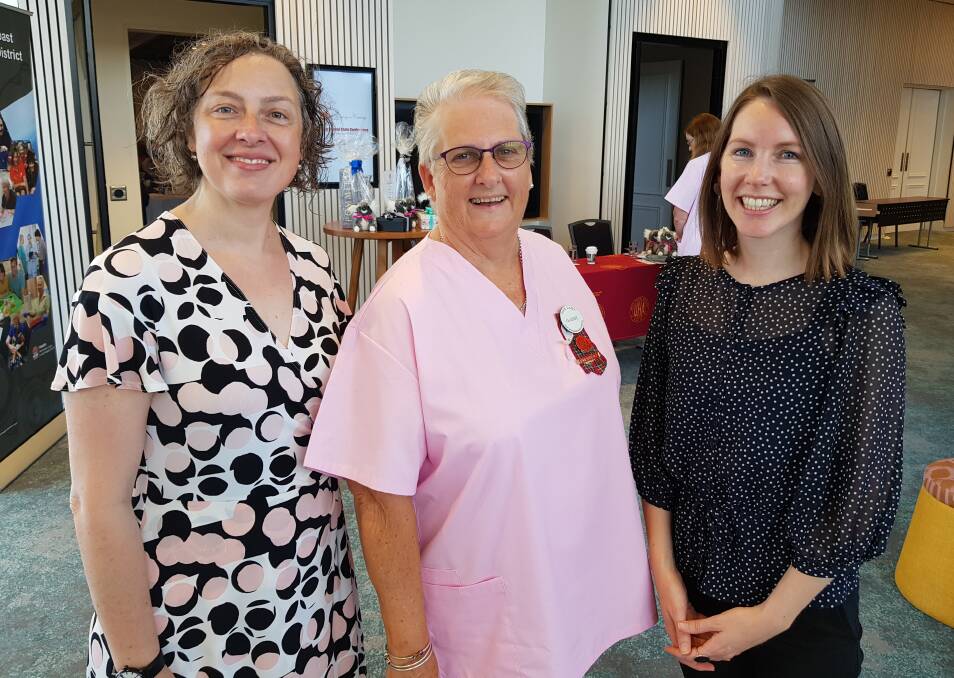 Port Macquarie Pink Ladies President Gabby Gregory with Ministry of Healths Director Population Health Strategic Programs Meredith Claremont and Senior Policy Analyst Tarli OConnell.