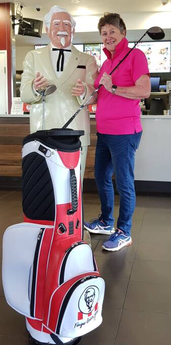  KFC franchise owner Fran Scutts and The Colonel are ready for next Wednesdays Breast Cancer Charity Golf Day hosted by Port Macquarie Womens Golf Club.