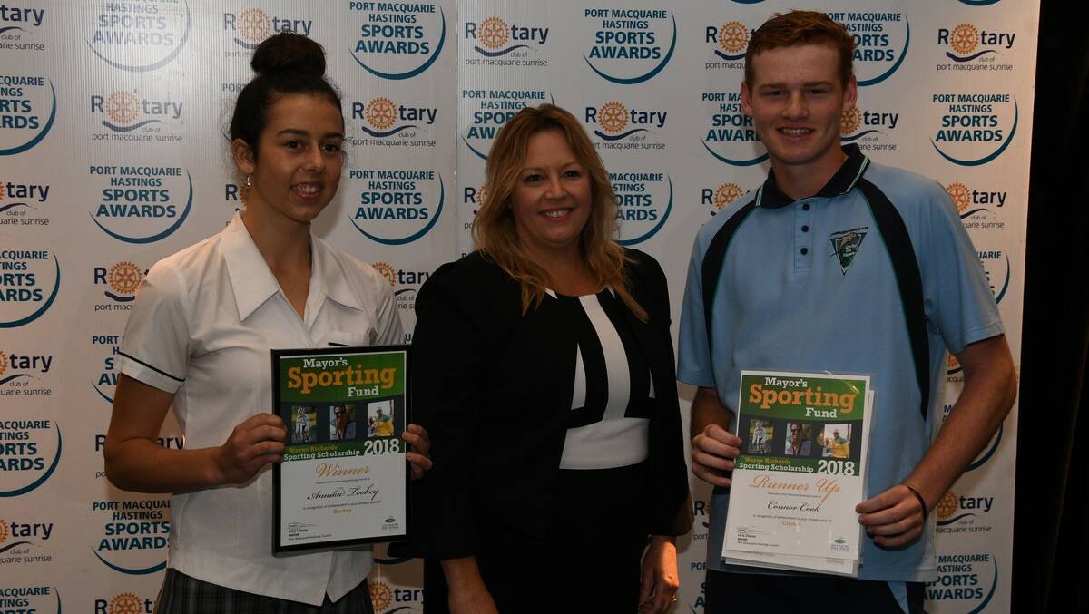Hockey superstar Annika Toohey won the Mayor’s Sporting Fund Wayne Richards Sporting Scholarship while runner-up and Junior Sportsperson of the Year is Connor Cook, both pictured with mayor Peta Pinson.