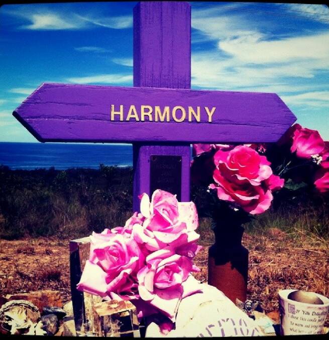 A tribute for Harmony overlooks Sharkies Beach at Bonny Hills.