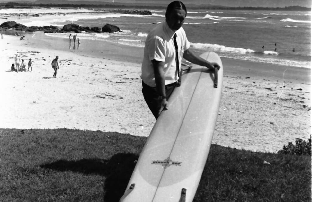Derek Crisp with the surf rescue board, 1971