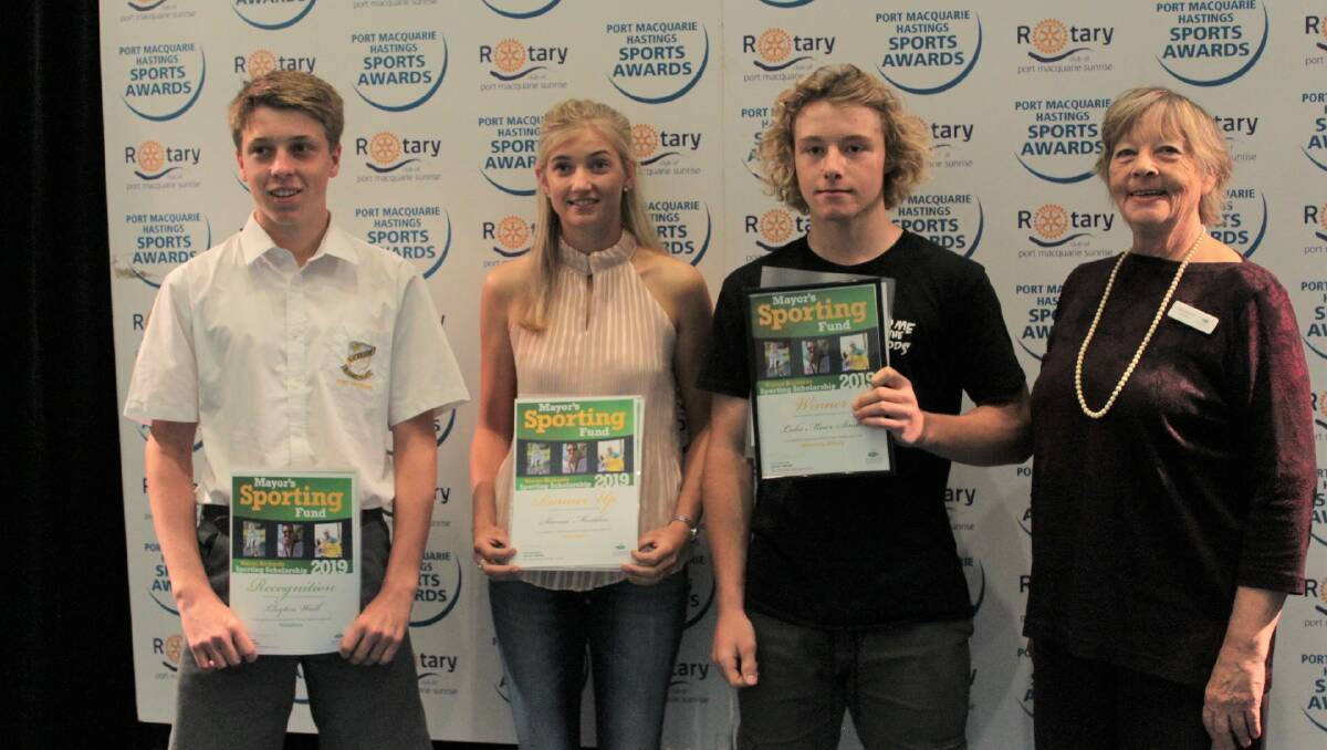 Wayne Richards Sporting Scholarship runner-up Lleyton Wall, Shania Madden and winner Luke Meier-Smith with Cr Lisa Intemann.