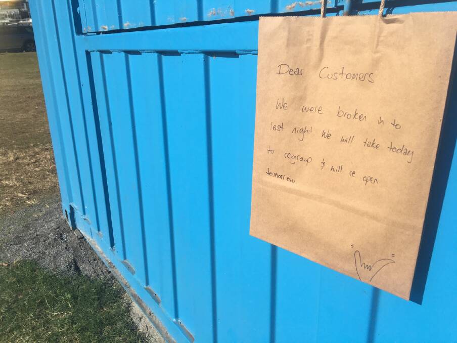 At a loss: Staff leave a note for customers on Sunday morning after their temporary cafe site was broken into overnight.