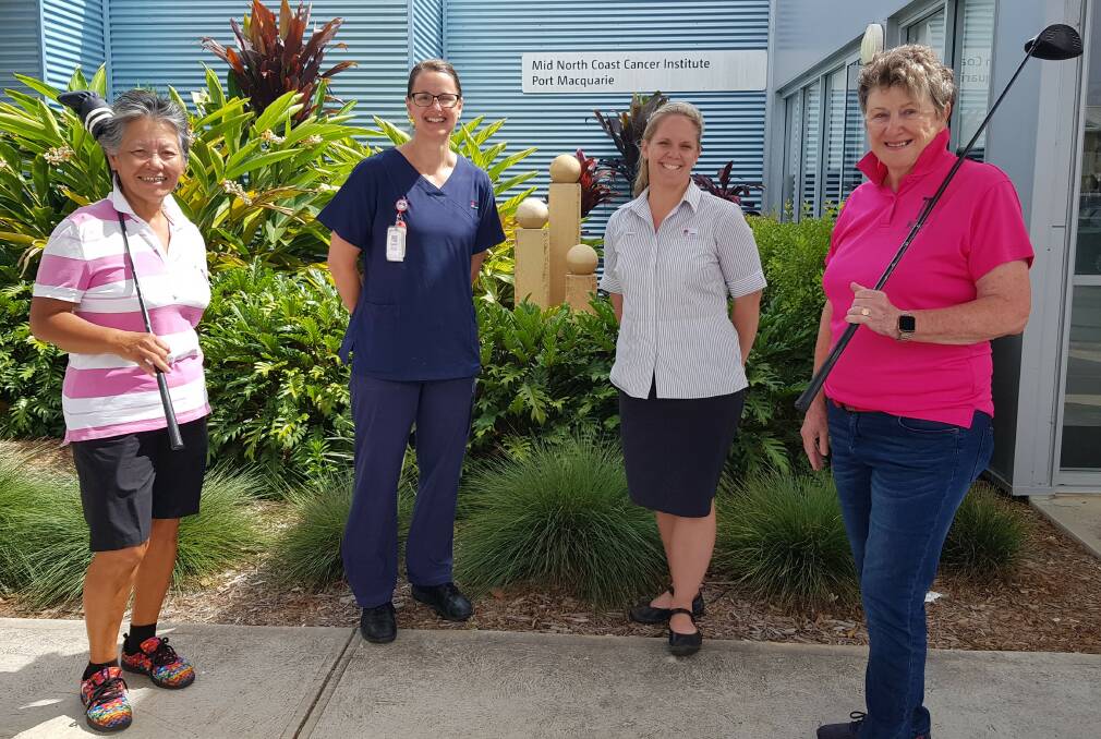 Port Macquarie Womens Golf Club President Patsy Choo and event sponsor, KFC franchise owner Fran Scutts, with Acting Breast Cancer Nurse Specialist Kelly Scott-McGrath and MNCCI Nurse Unit Manager Emily Saul.