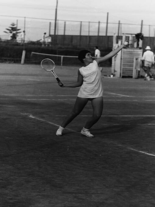 France Luff serving at the Port Macquarie Tennis Clubs tournament, 1969.