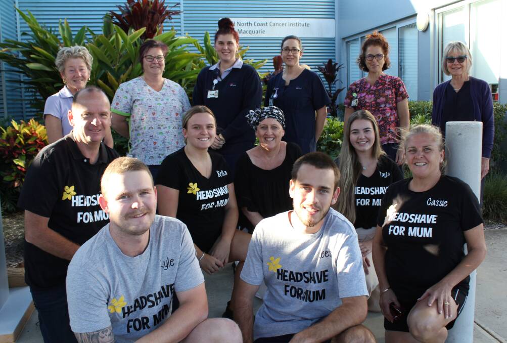 Mid North Coast Cancer Institute staff (back row L-R) Lisa Tighe, Kris Jurd, Nicky Marshall, Nicole Lindley, Lexi Gonzalez and Leonie Snowdon with the Head Shave for Mum team of (middle row L-R) Marten Clark, Bella Clark, Jenny Patterson, Tayla Fehon, Cassie Clark (front row L-R) Kyle Cohen and Rees Patterson.