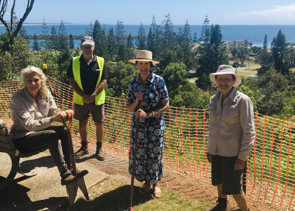 Best view in town: Volunteer Glenys Pearson with the Hibbard boatshed's Ron Windown, Member for Port Macquarie Leslie Williams and president of Friends of Mrs York's Garden Di Davison at the site of the new viewing platform.