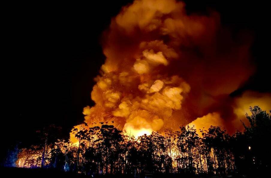 Where it all began: Fire rips through bushland near Crestwood at port Macquarie. Photo: Mitchell Wadwell.