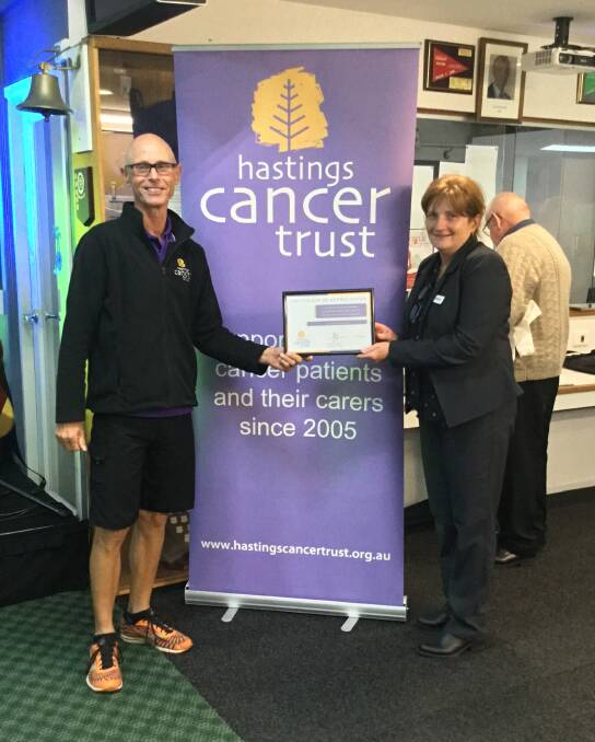 Steve Thomas from Hastings Cancer Trust Fundraising Coordinator and Sharon Apperley, Secretary Manager Lake Cathie Bowling & Recreation Club.