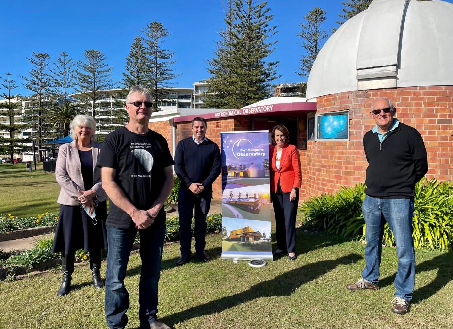 Over the moon: Port Macquarie Astronomical Association members Emily Cooper, president Rob Brangwin and vice president Chris Ireland with Federal Member for Cowper Pat Conaghan and Member for Port Macquarie Leslie Williams.