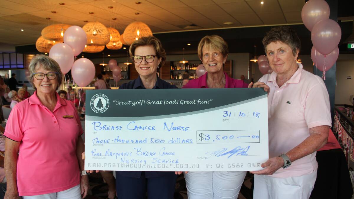 Port Macquarie Women’s Golf Club President Wendy Gordon, Secretary Josie Mockford and sponsor Fran Scutts present the proceeds from the club’s annual Pink Day to Mid North Coast Cancer Institute’s Breast Cancer Nurse Specialist Joanne Woodlands.