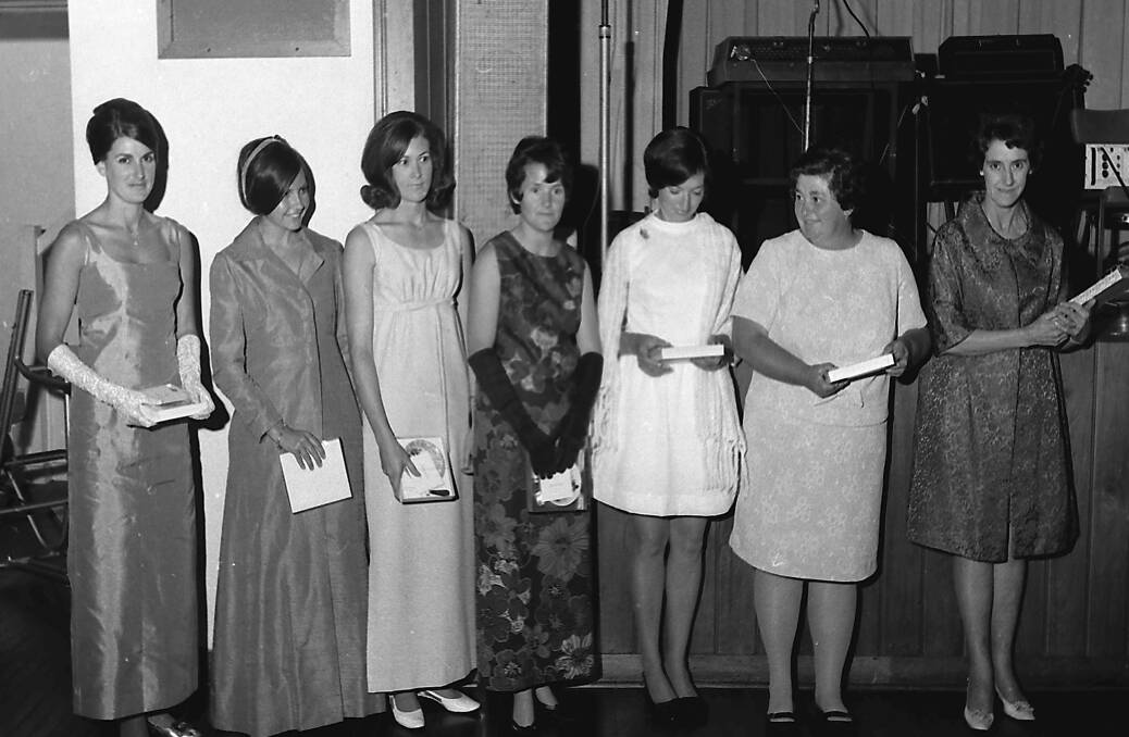 Members of the Port Macquarie Football Club's Womens Auxiliary were presented with an award at the presentation night. (Left to right): Penny Moore, Jill Proctor, Lorraine Baldwin, Lyn Wright, Mrs. Daryl Short, Peg Freeman and Norma McMullen, 1970