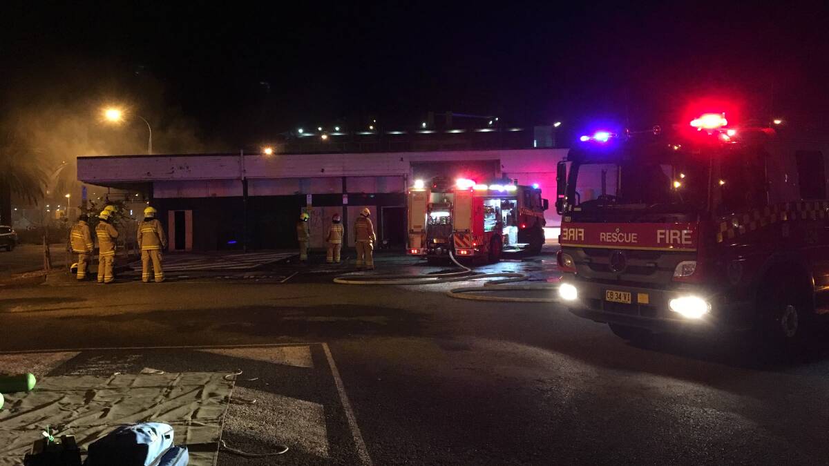 On fire: Sunday night's fire at the former Food for Less site in Port Macquarie. Pic: Ben Burley