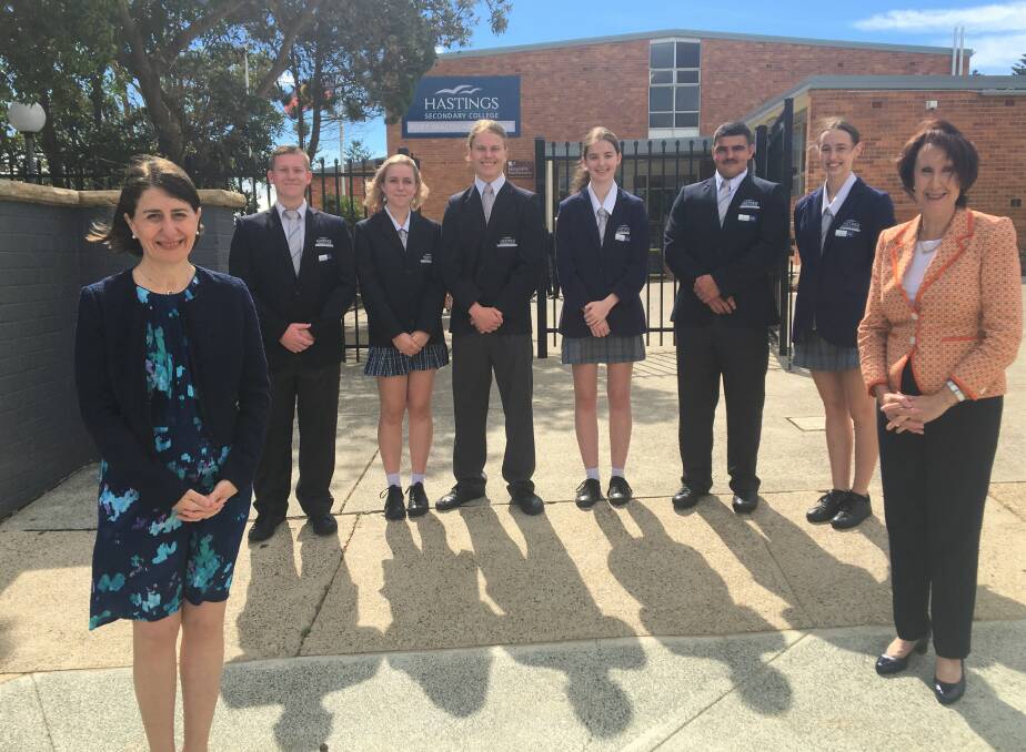 Investing in future: NSW Premier Gladys Berejiklian with the Hastings Secondary College leadership team Amala Smith, Shannon Abbott, Ethan Schaffer, Bridget Flint, Jade Vaughan and Ritchie Whitehouse and Member for Port Macquarie Leslie Williams.
